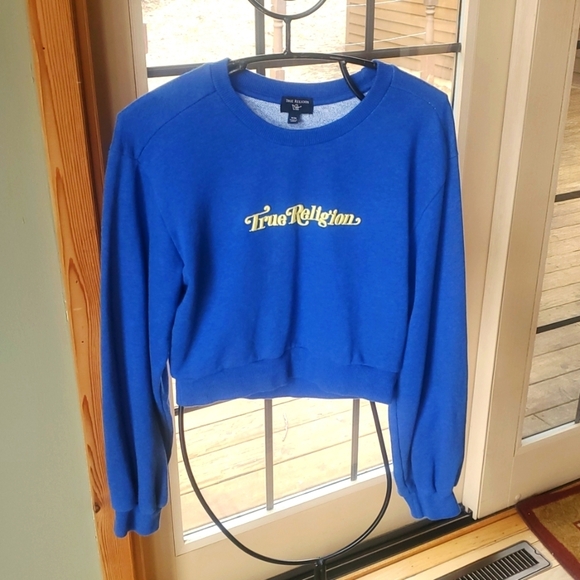 True Religion Embroidered Yellow Crop Long Sleeve Sz. M Sweatshirt - Picture 1 of 12